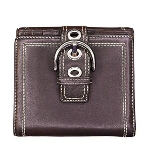 Vintage COACH Soho Brown Leather Bifold Wallet Silvertone Buckle Flap Y2K